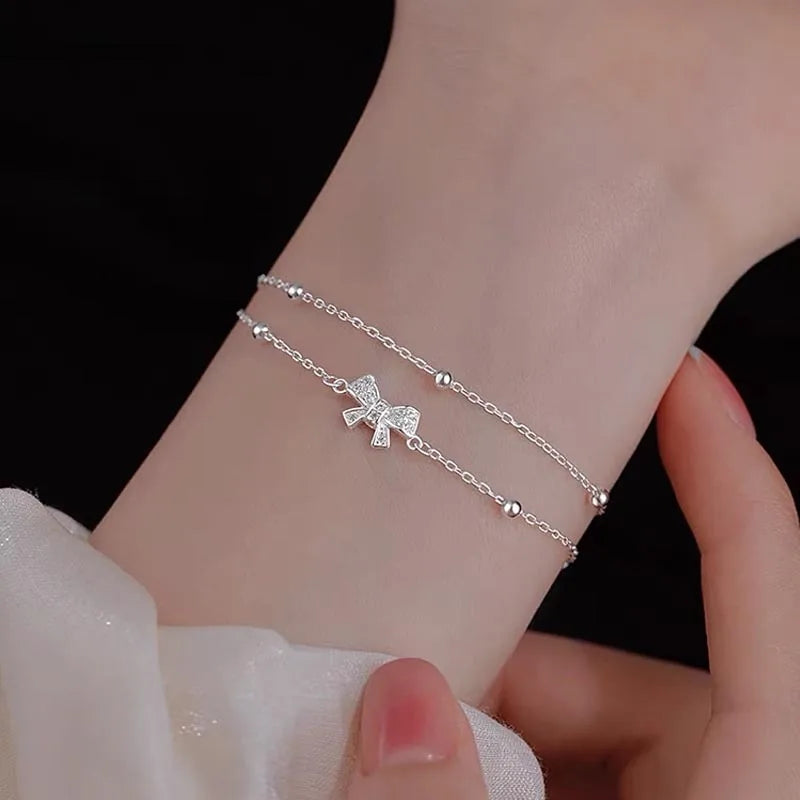 Dainty 925 Sterling Silver Double Layer Chain CZ Zircon Bowknot Charm Bracelets for Women Wholesale