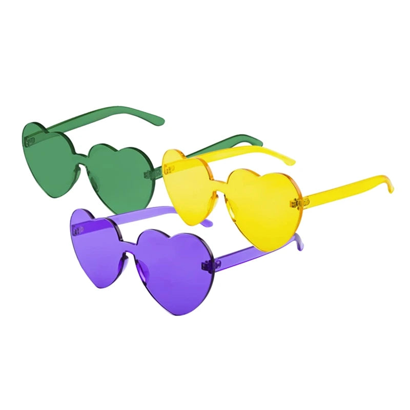 Mardi Gras Heart Shaped Sunglasses Colorful Rimless Transparent Plastic Heart Sunglasses