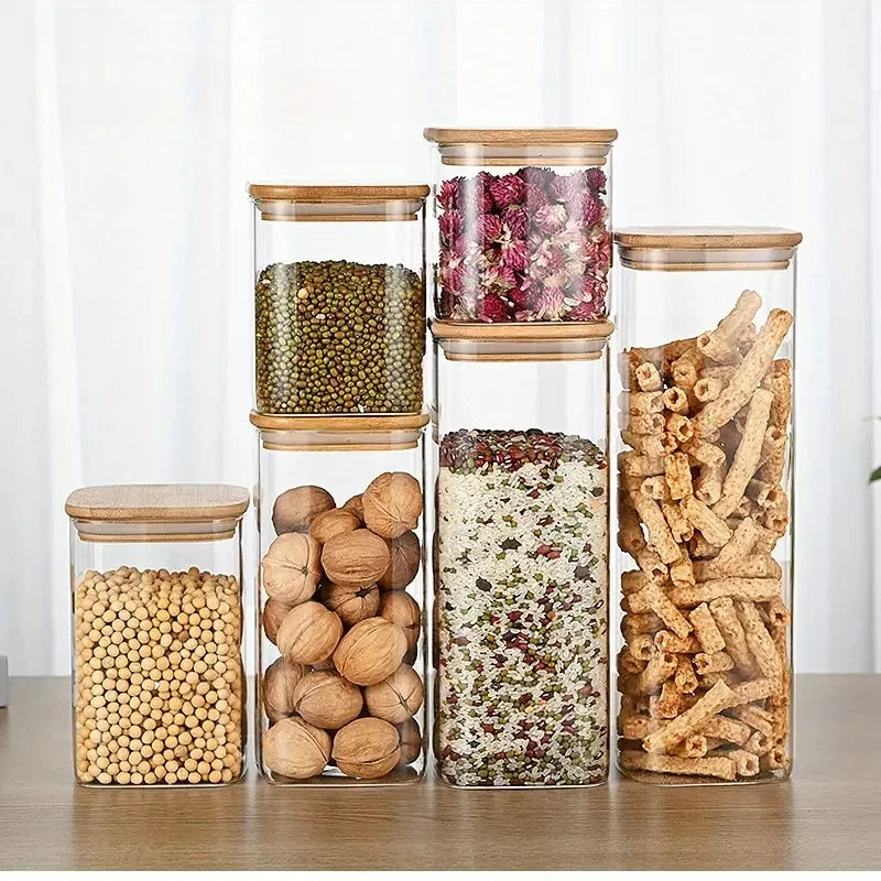 5pcs/set  71Oz 46Oz 19Oz Square Glass Storage Jars With Bamboo Airtight Lids