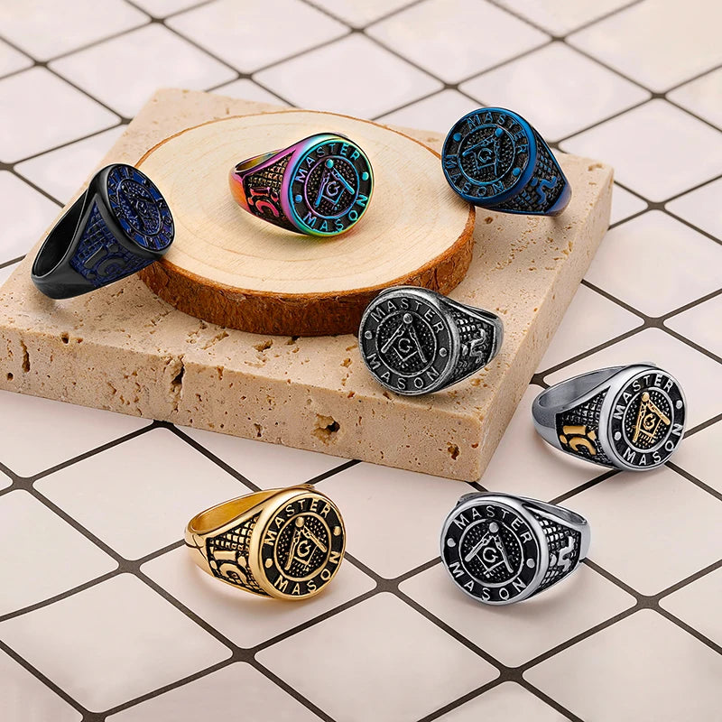 Custom 316L Stainless Steel Shape Rock Finger Jewelry Males Fashionable Masonic Signet Master Freemason Cut Diamond Claw Inla