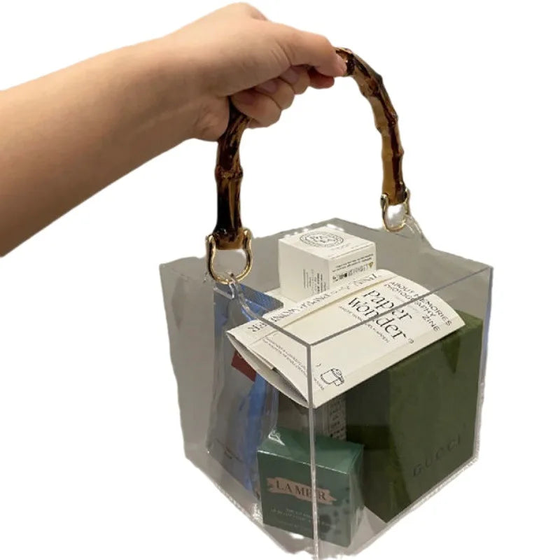 Acrylic Gift Box Genuine Bamboo Hand-held Square Handle Pull-out Design Simple Transparent Color Hotel Resort Wedding Party