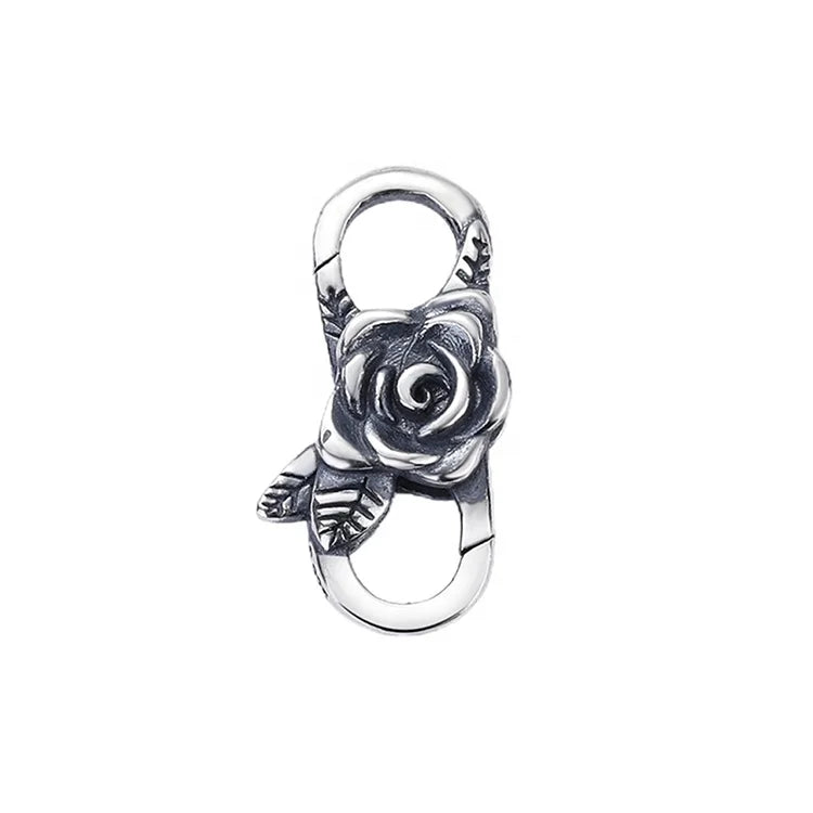 Romantic Oxidized Silver Rose Flower Shape Double Ended Lobster Claw Clasp 925 Connector Charm Lock for Chain Bracelet Jewelr