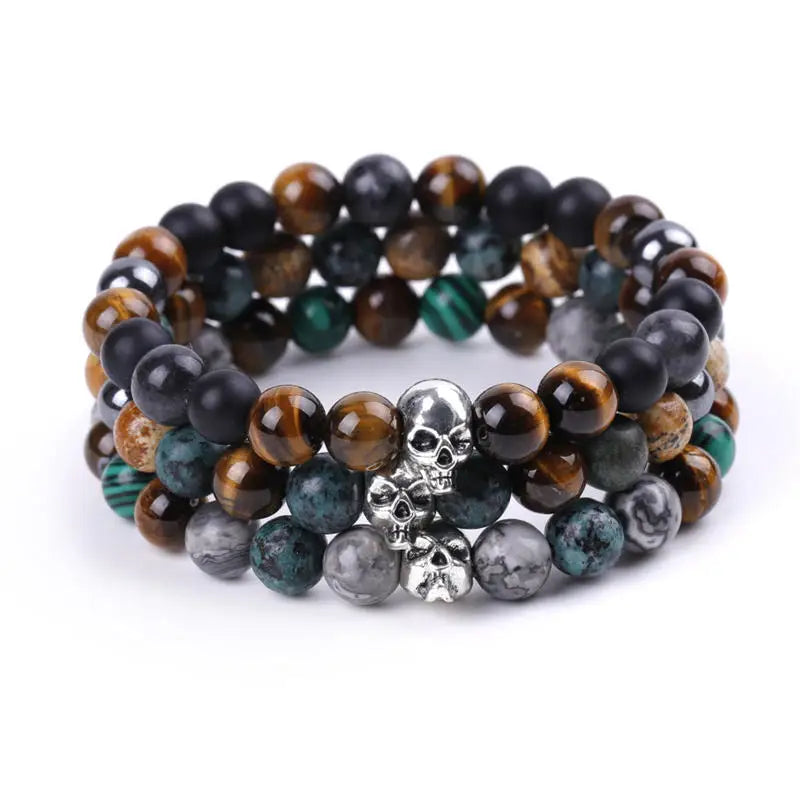 Wholesale 8mm Polished African Turquoise Beads New Designs Skull Bracelet Natural Tiger Eye Unisex Fashion Jewelry Bangle Gif