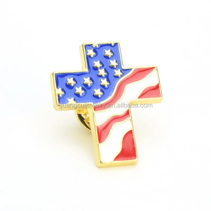 2026 Fashion Custom Logo Engraved Metal Gold-Plated Made America Souvenir Decorative Bling Cross Brooch