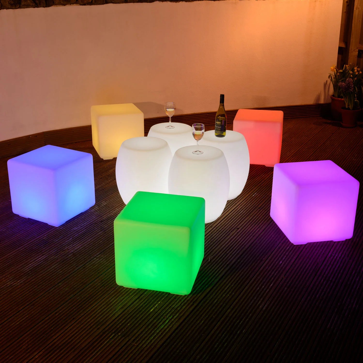 Rechargeable Plastic Illuminated LED Cube Table Chair with Remote Control Rustic Design for Home Bar Hotel Supermarket Park U
