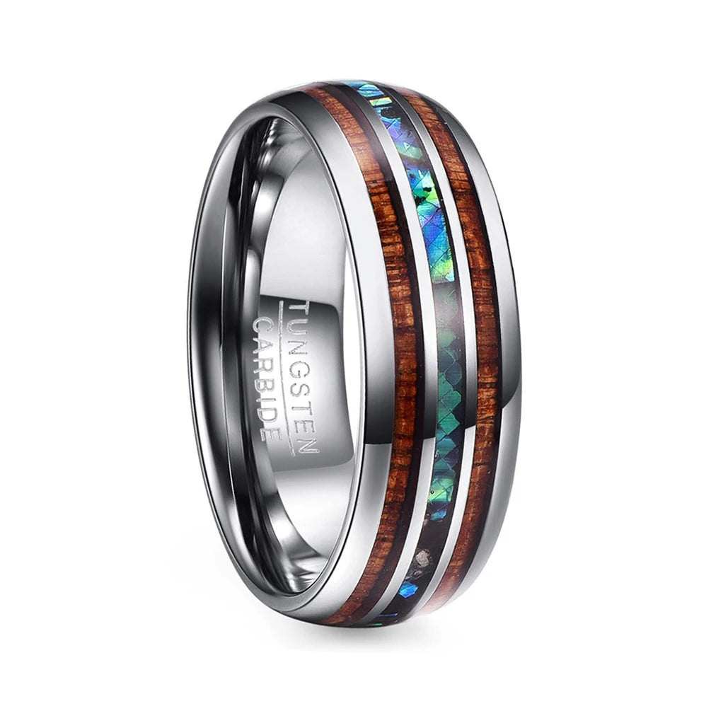 Alin Wholesale Silver Tungsten Ring for Men Women Colorful Opal Koa Wood Inlay Ring Jewelry