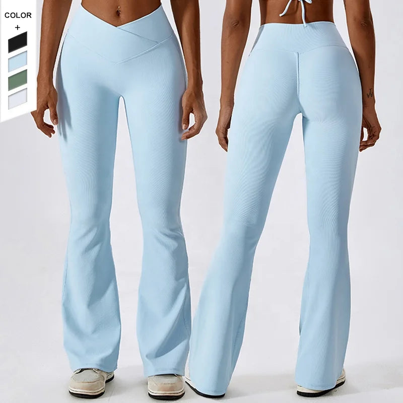 Cross High Waisted Yoga Flared Pants for Women's Dance Sports Wide Leg Pants Casual Hip Lifting Fitness Micro Flared Pants