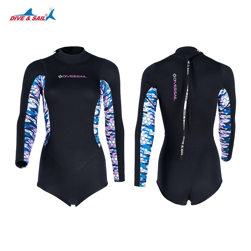 DIVE&SAIL Women Neoprene Long Sleeve Short Pant Wetsuit Back Zip Diving scuba Swimming Wetsuits Wet Suit 2MM