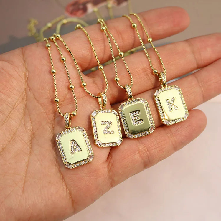NZ1512  18K Gold Plated CZ Baguette Paved Rectangle Letter Initial Dog Tags Charm Necklace for Women
