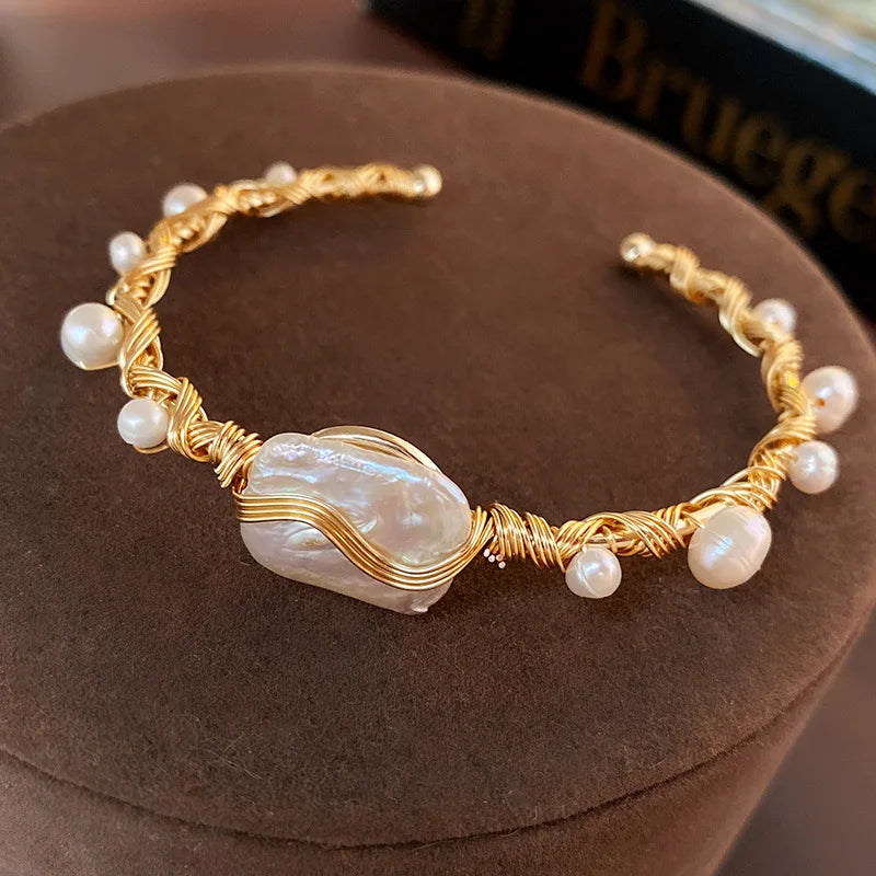 Fashion Gold Plating Dainty Pearl Open Bangle Bracelet Opening Hand Jewelry Bracelets for Girls