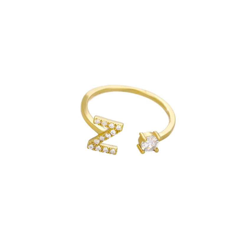 Trendy 26 Letter a Initial Ring for Women Adjustable Open Band with CZ Stones Zircon for Weddings Parties Fashion Jewelry Copper