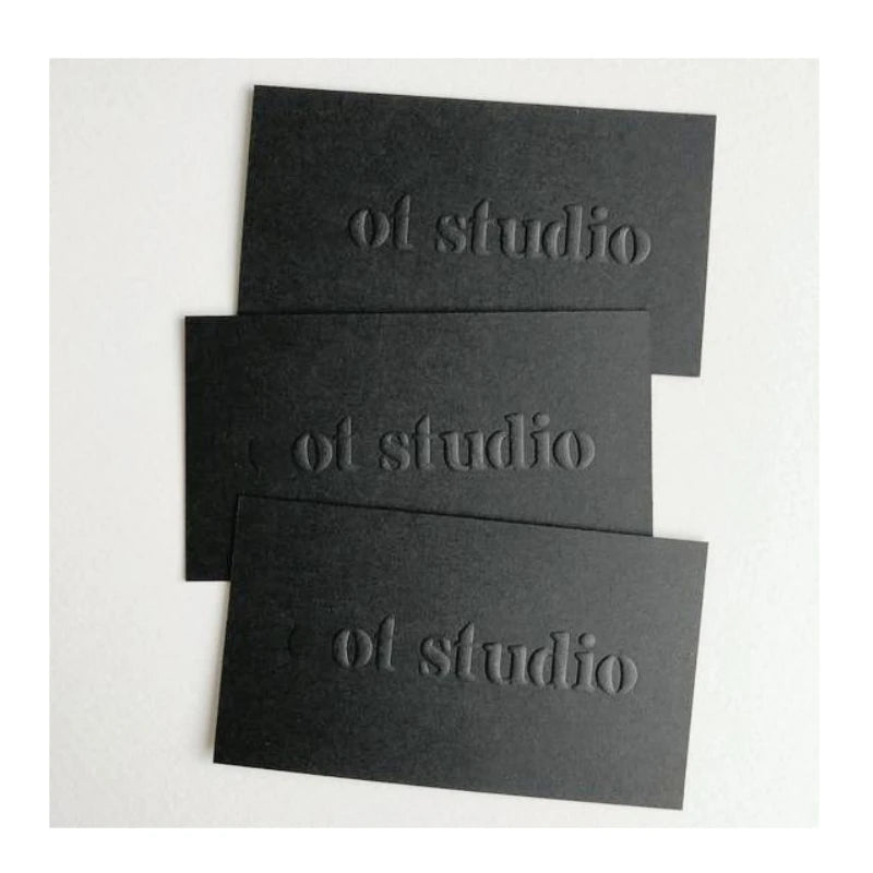 Luxury Custom Business Cards 3D Embossed Letterpress Logo on Black Duplex Board and Newsprint Paper Thank You Cards