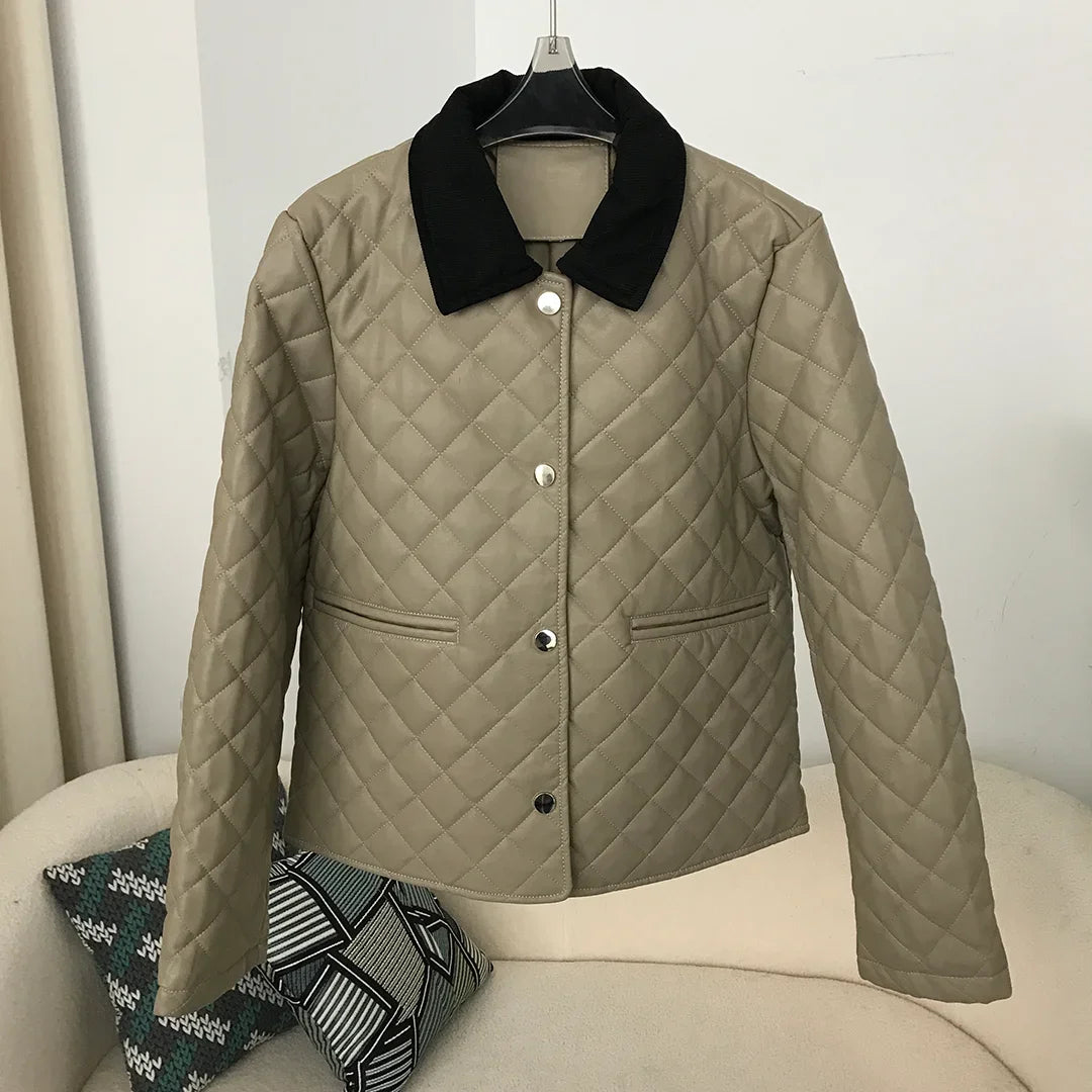 OFTBUY 2024 Faux Leather Jacket Cotton Luxury Spring Autumn Women Short Brand Coat Turn-down Collar Streetwear Outerwear Tops