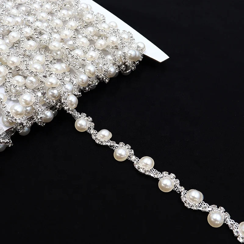 F012 Pearl Plated Rhinestone Cup Chain 1 Rows  Rhinestone Chains for Shoes Boots Decoration