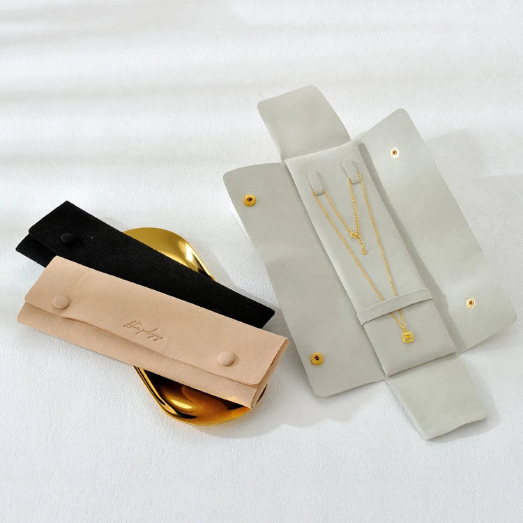 New Luxury Necklace Bracelet Jewelry Organizer Bag Gift Packaging Custom Printed Long Chain Microfiber Pouches and Pad Set