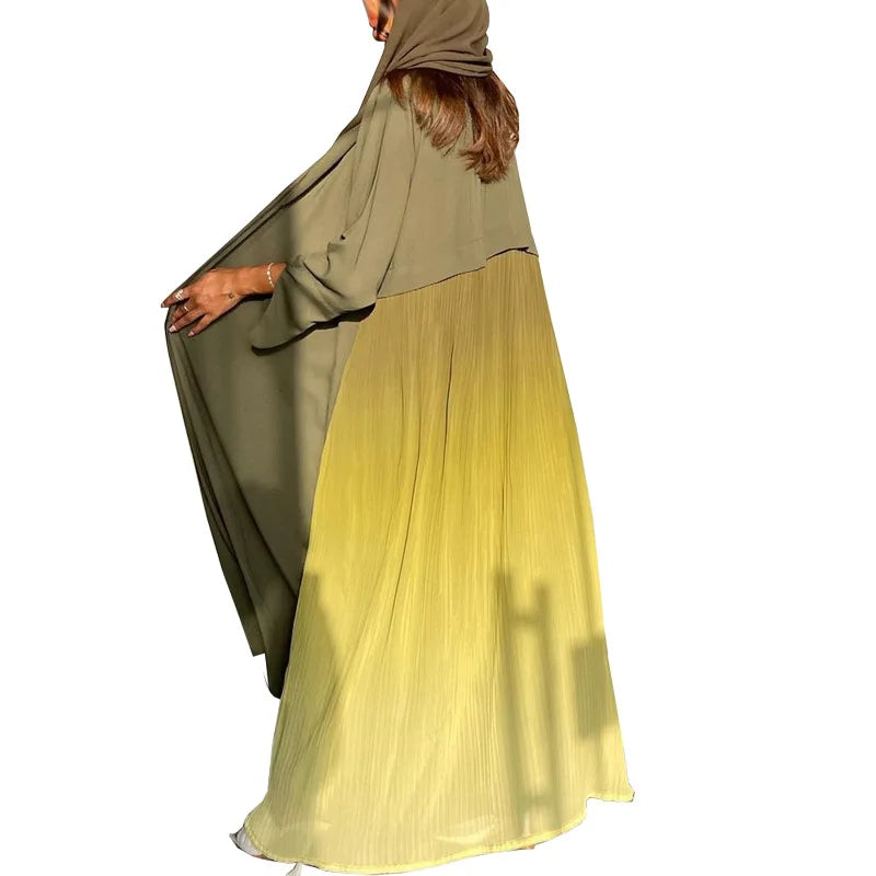 Dubai UAE Summer Pleated Ombre Chiffon Patchwork Free Size Long Open Style Abayas for Islamic Girl