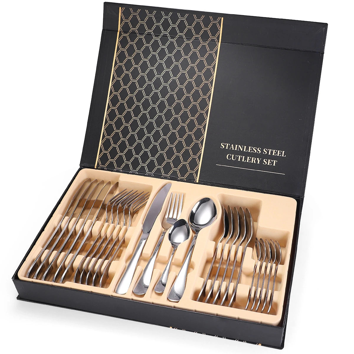 Luxury 24-Piece Flatware Set Serving Utensils Including Cake Knife Cake Server Serving Forks Sugar Spoon Salad Flatware Set