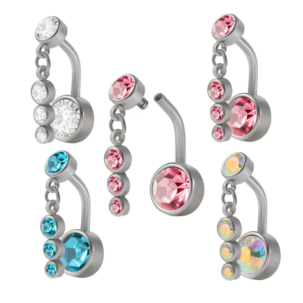 Fashion Women Jewelry 316L Stainless Steel Internally Thread Double Gem Dangle Navel Piercing Dangling CZ Belly Button Rings