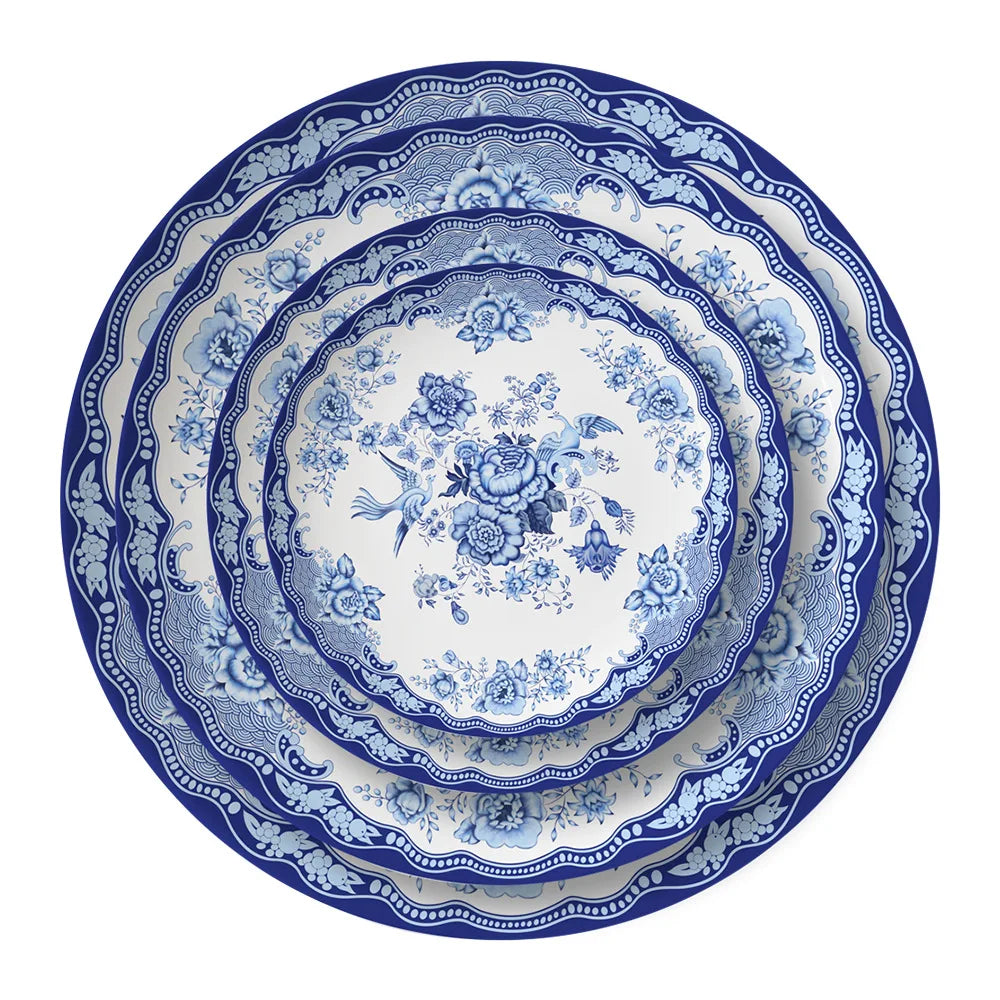 Chinese Retro Bone China Blue and White Porcelain Steak Western Food Ceramic Dinner Bowl Charger Plates Set