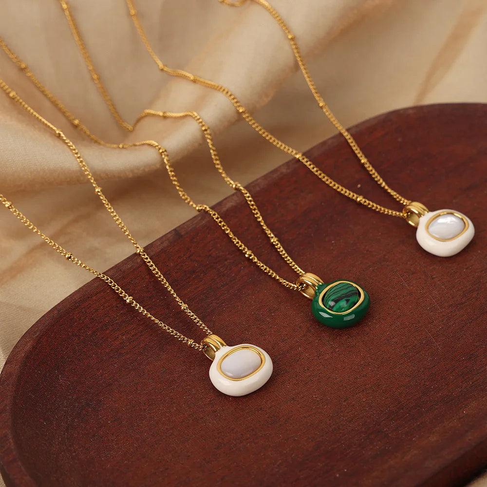 Chic Stainless Steel Gold Plated Enamel Necklace Natural Stone Malachite Shell Square Pendant Necklace Colier Pour Femme
