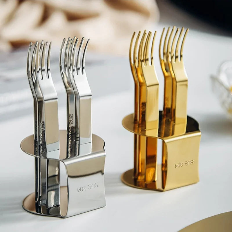 Gold Silver Fruit Fork With Stand Stainless Steel Coffee Tea Fork Cake Dessert Mini Fork Afternoon Party Dessert Cutlery