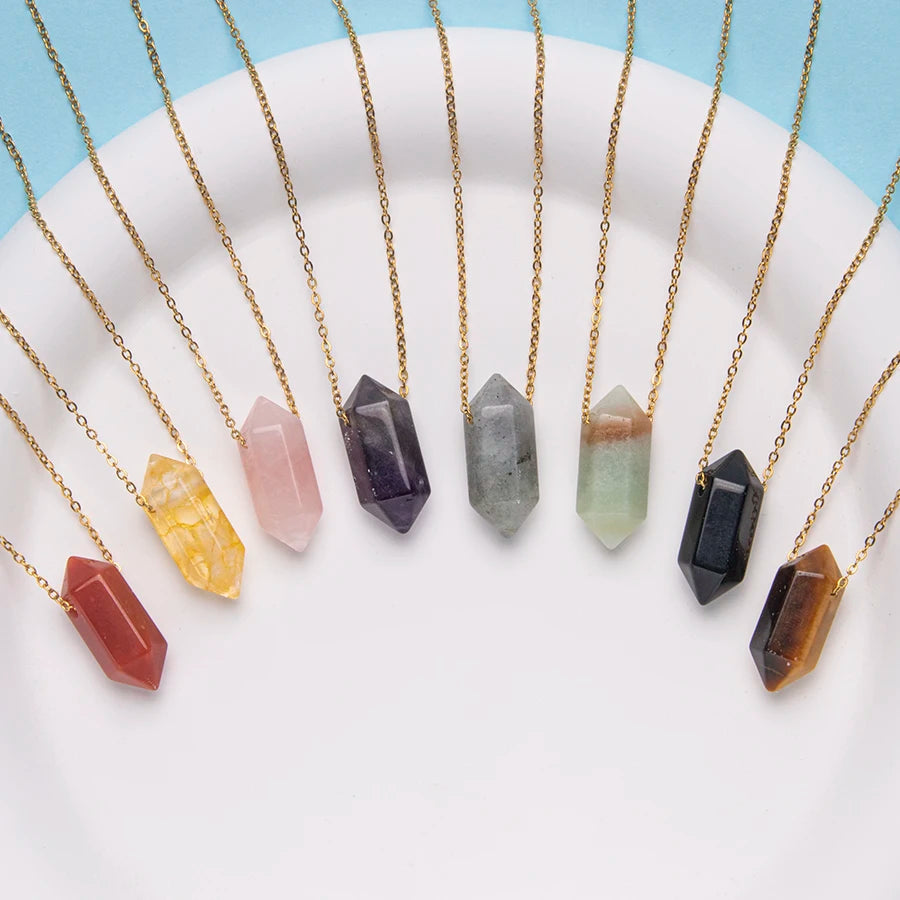 Natural Crystal Stone Rose Quartz Amethyst Citrine Agate Bullet  Pendant Necklace  Stainless Steel Gold Chain Gemstone Jewelr