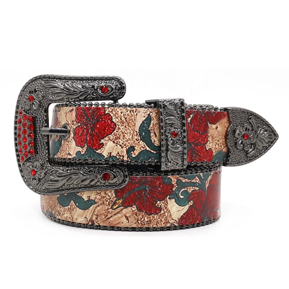 Exquisite Red Printed Pattern PU Leather Belt with Alloy Buckle Shiny Rhinestone Western Fashion Casual Wide Belt Accessories