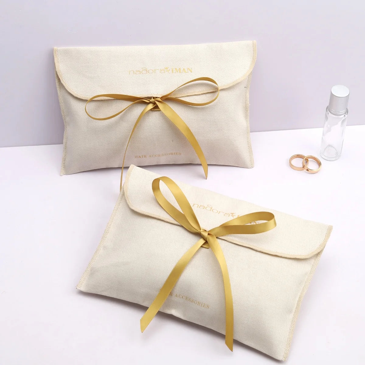 Custom Logo Printed Cotton Twill Envelope Jewelry Necklace Mirror Pouch With Bow Comb Eye Shadow Box Packing Dust Envelope Ba