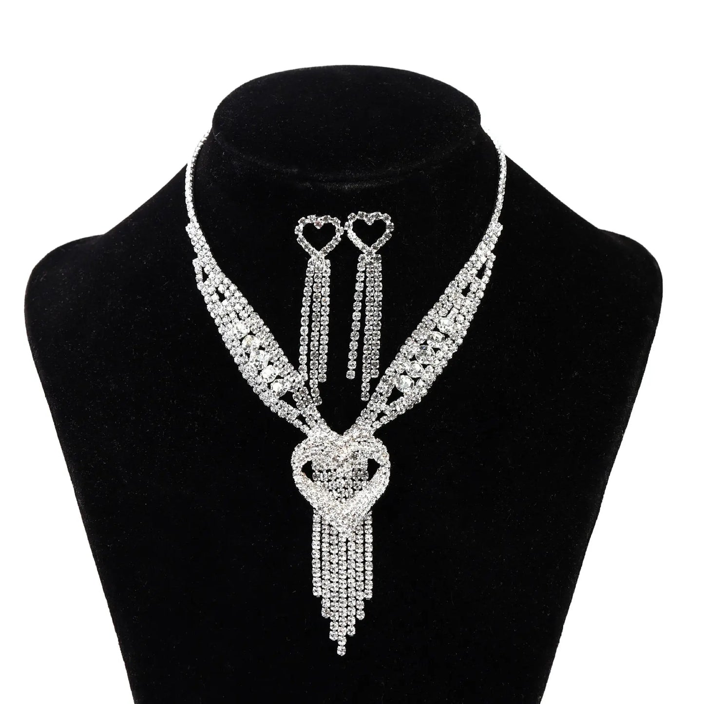 Bridal Accessorize Sparkle Love Tassel Necklace Earrings Set Rhinestones Jewelry Set for Women