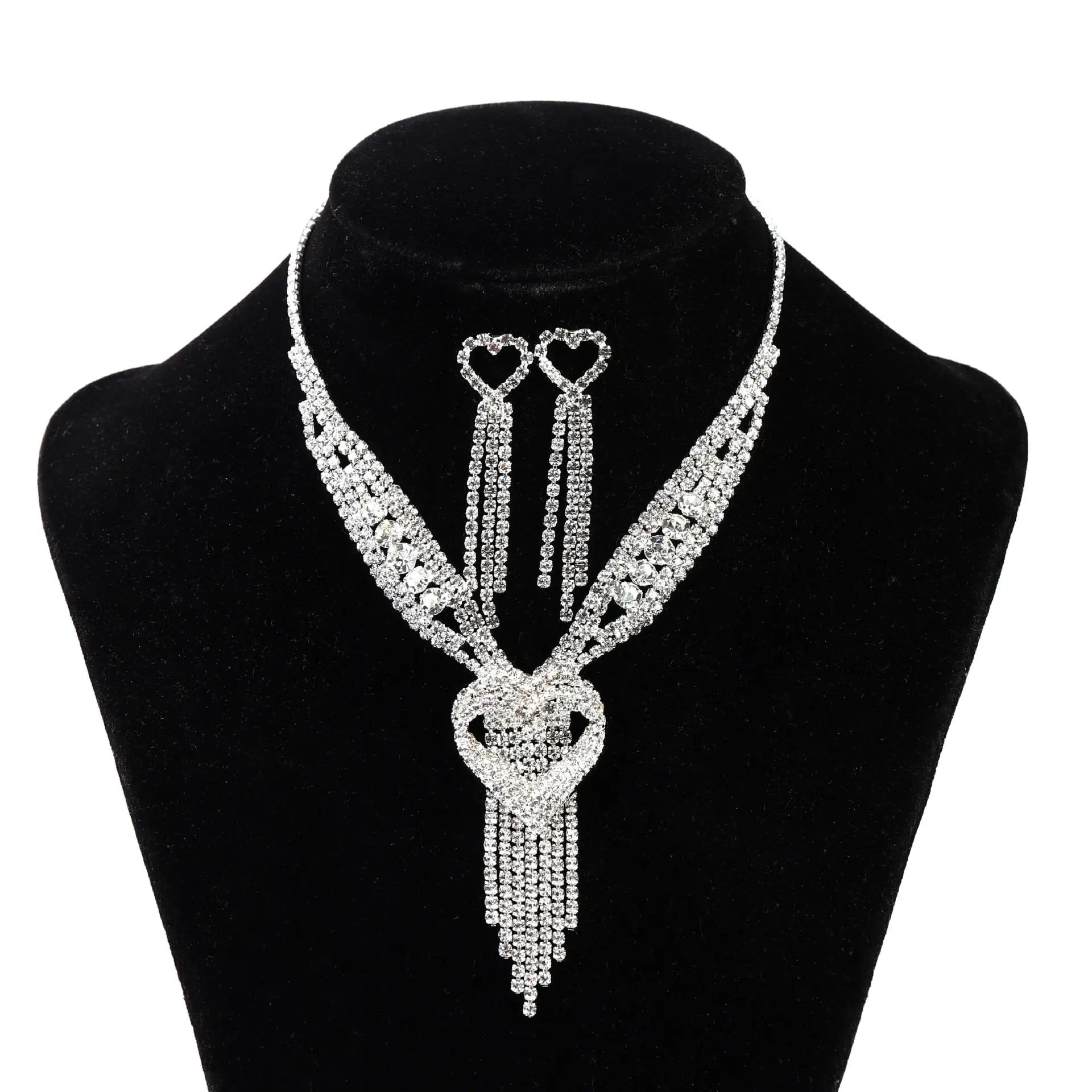 Bridal Accessorize Sparkle Love Tassel Necklace Earrings Set Rhinestones Jewelry Set for Women