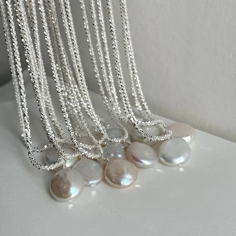 Hot Sale Shiny Pure 925 Sterling Silver Chain Single Natural Baroque Pearl Pendant Necklace for Women Girls