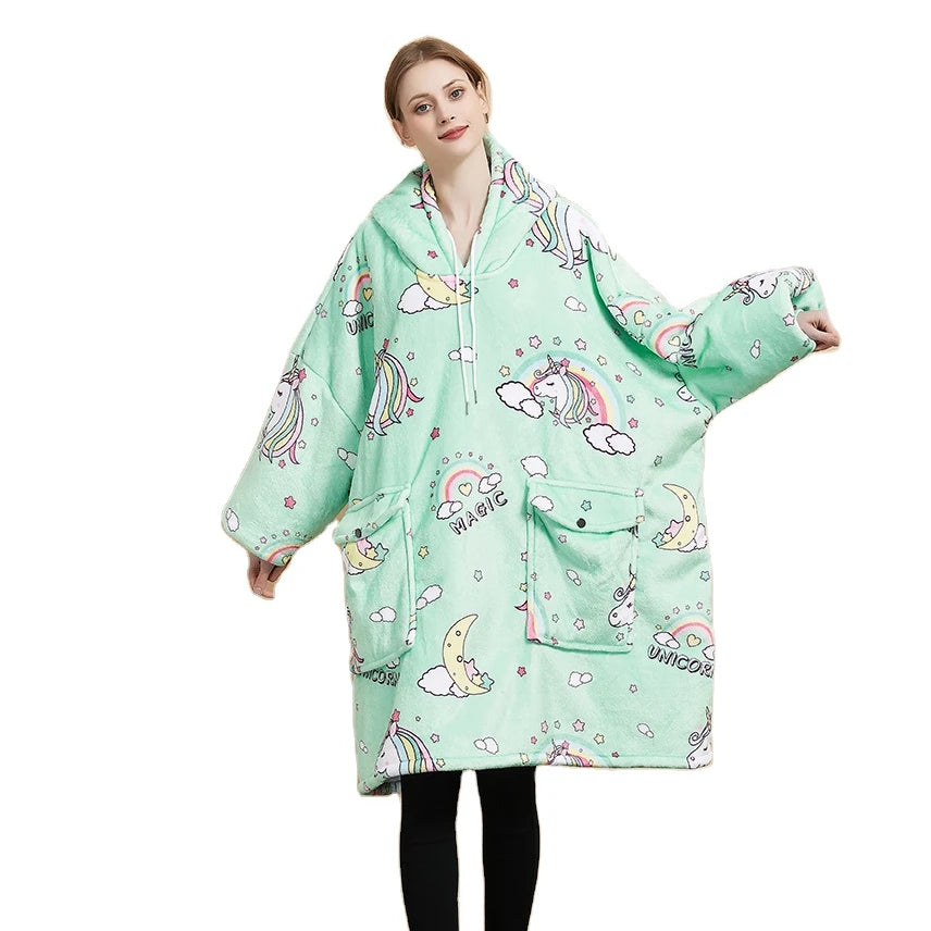 Double Pockets Oversized Winter Warm Customized Printing One Piece Oversized Wearable Hoodie Blanket With Hood