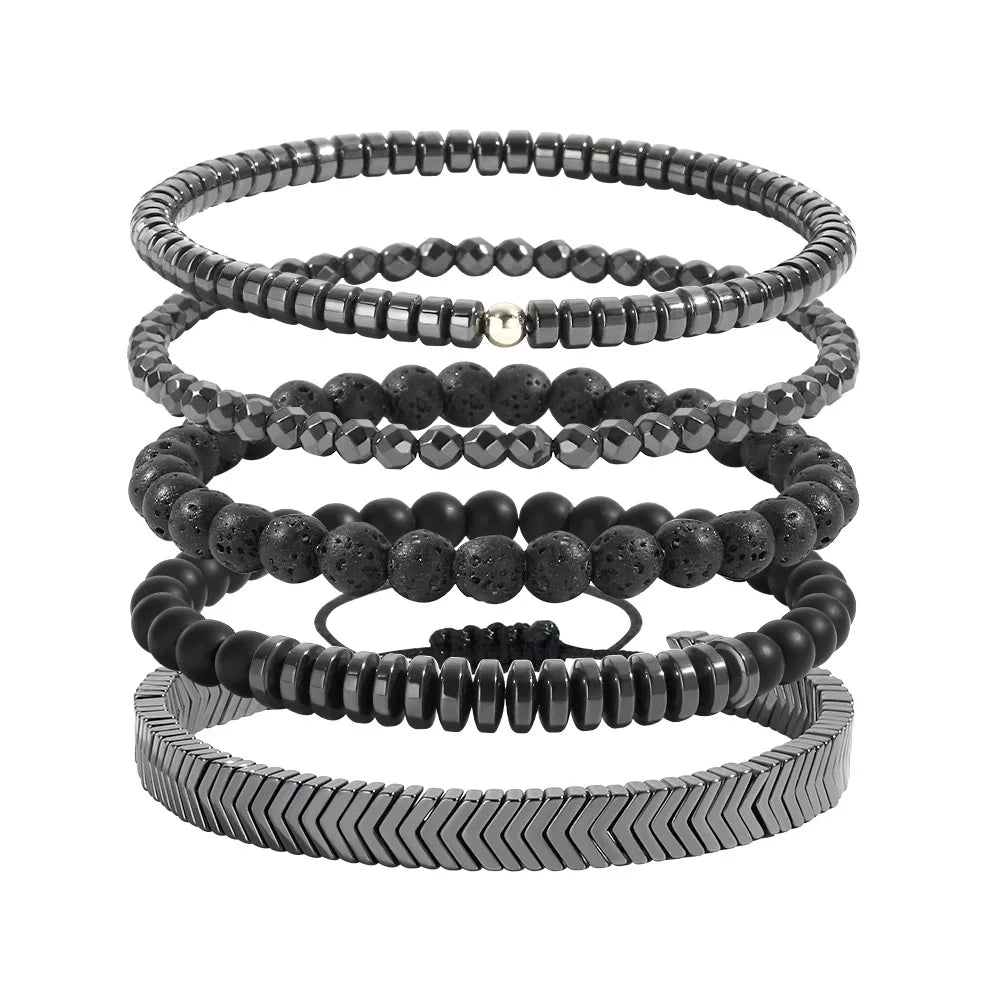 Hot Selling Multi-Layer Men's Bracelet 6/8mm Natural Black Gallstone Volcanic Stone Elastic Combination Fashion Jewelry Bangl