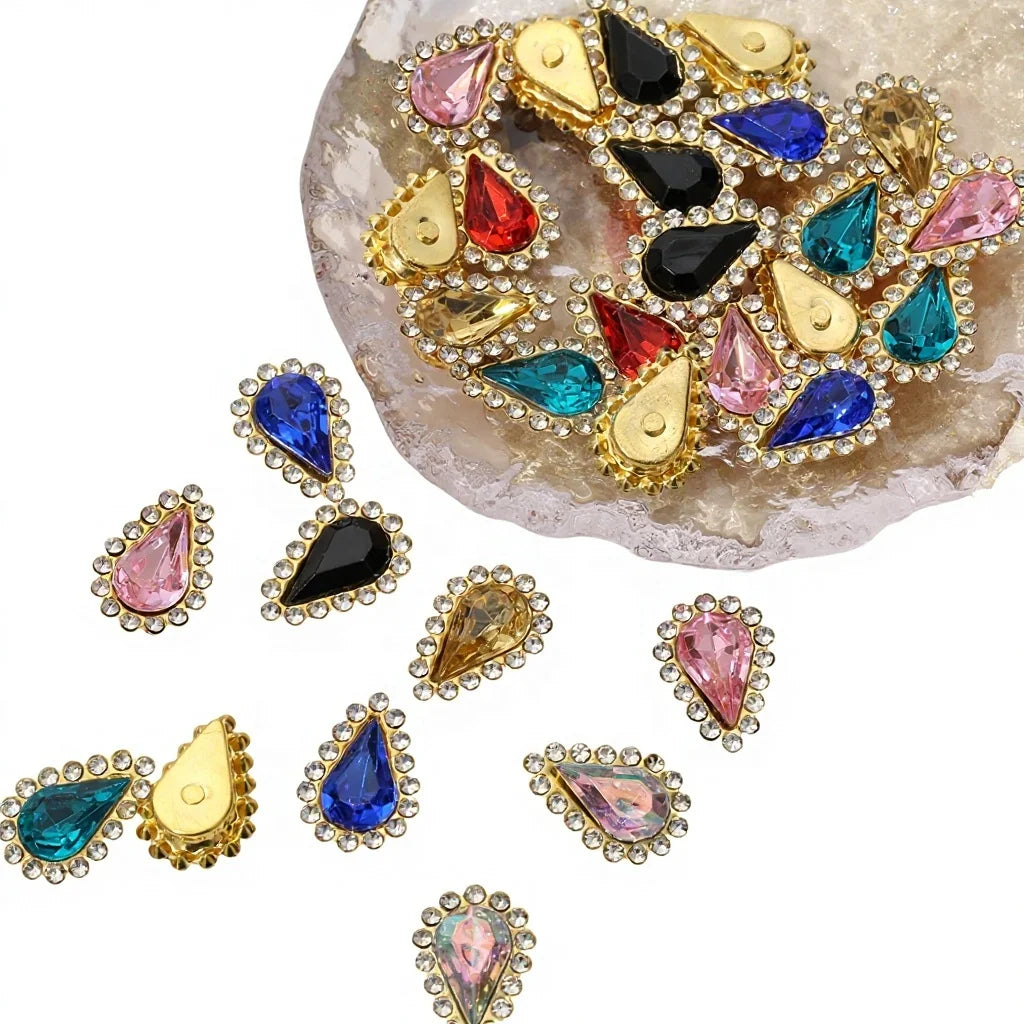 CHANGAO 100Pcs/bag 8*13mm Teardrop Pear Sewing Rhinestones Mixed Color Golden Base Claw Glass Sew on Crystal DIY Wedding Dres