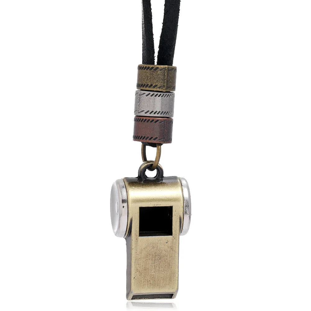 Hot Sale Adjustable Men's Necklace Trendy Vintage Alloy Whistle Pendant with Cord Chain Black Genuine Leather Mens Size for M