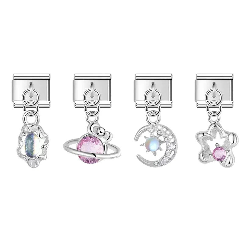 Hapiship 2024 New Original Daisy Star Moon Starry Sky CZ Italian Charm Fit 9mm Bracelet Stainless Steel Jewelry DIY Making DJ