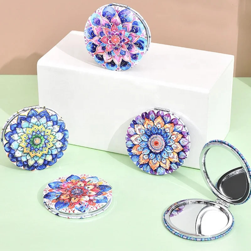 Stock Fast Shipment New Design 72mm Glitter Round Pu Leather Antique Pocket Gift Mirror Tourist Souvenirs Gift
