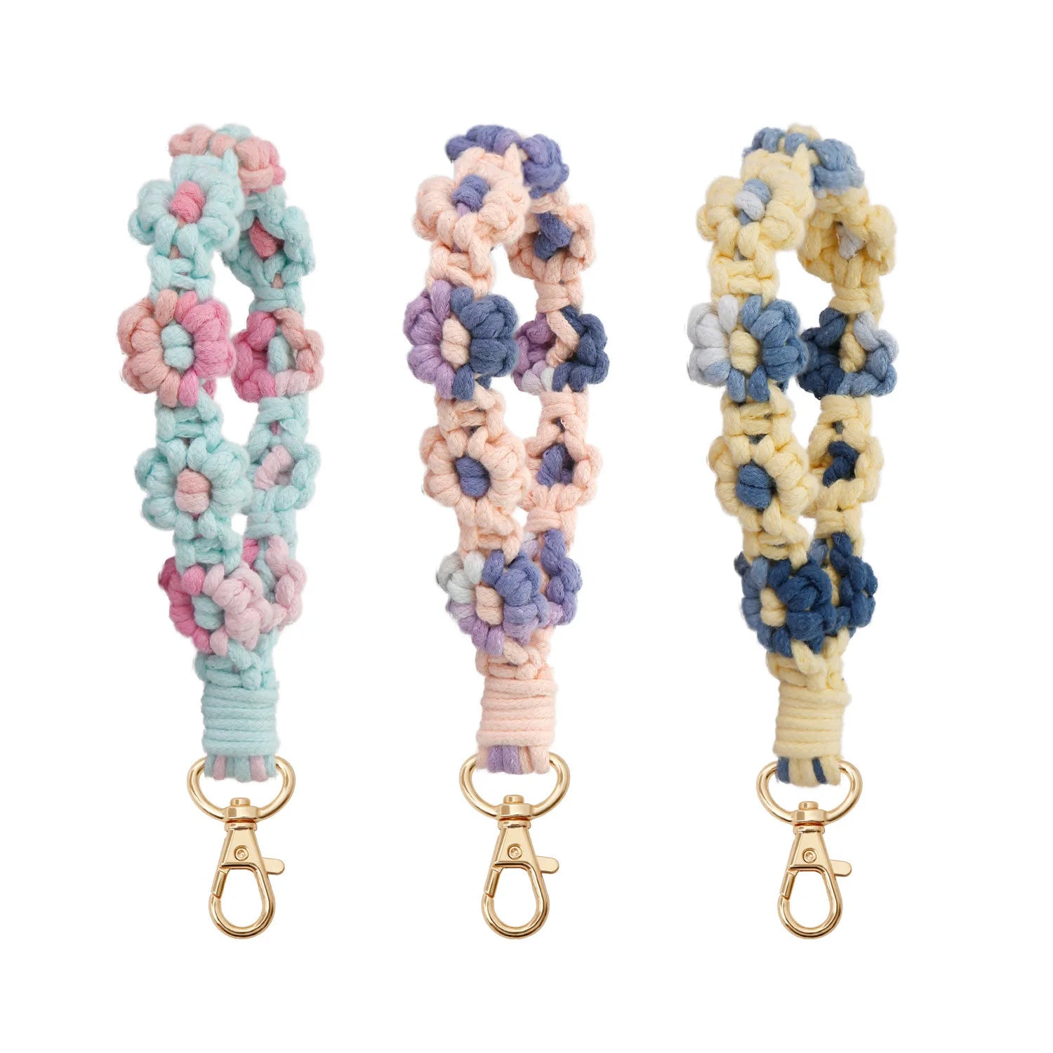 Boho Flower Macrame Wristlet Keychain Daisy Weave Bracelet Handmade Wrist Lanyard Boho Rope Keyring Phone Holder for Women Gi