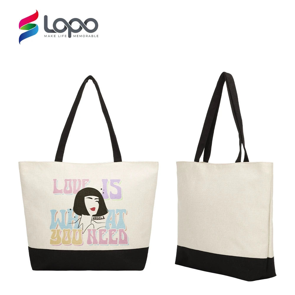 Wholesale Eco-Friendly Reusable Bulk Linen DIY Sublimation Printing Shopping Bag Zipper Closure Durable Tote Bags