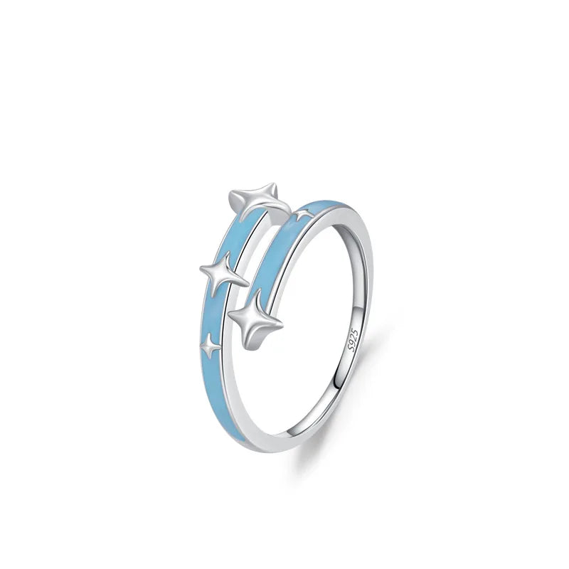 Elegant Blue S925 Sterling Silver Multi-Layer Ring Light Luxury Star Design with Rhodium Plating for Women's Weddings Parties