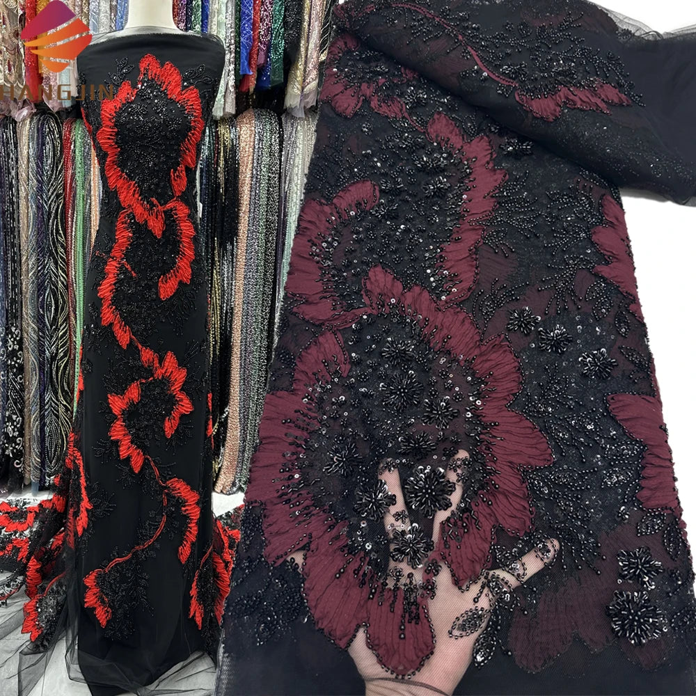 Wholesale Price Embroidered Fabric for Ladies African Tulle Lace Fabric High Quality Heavy Beaded Lace Fabric for Wedding Dre