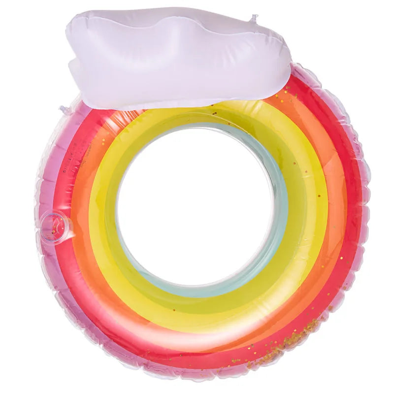 New Design Inflatable rainbow Swimming Ring with Backrest and Glitters Inside