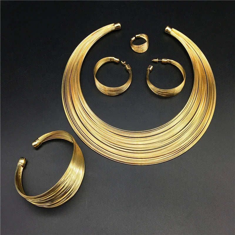 Captivating Nigerian Bridal Necklace Set: Luxurious 4-Piece Alloy Collar with Intricate Multistrand Design for Radiant Elegan