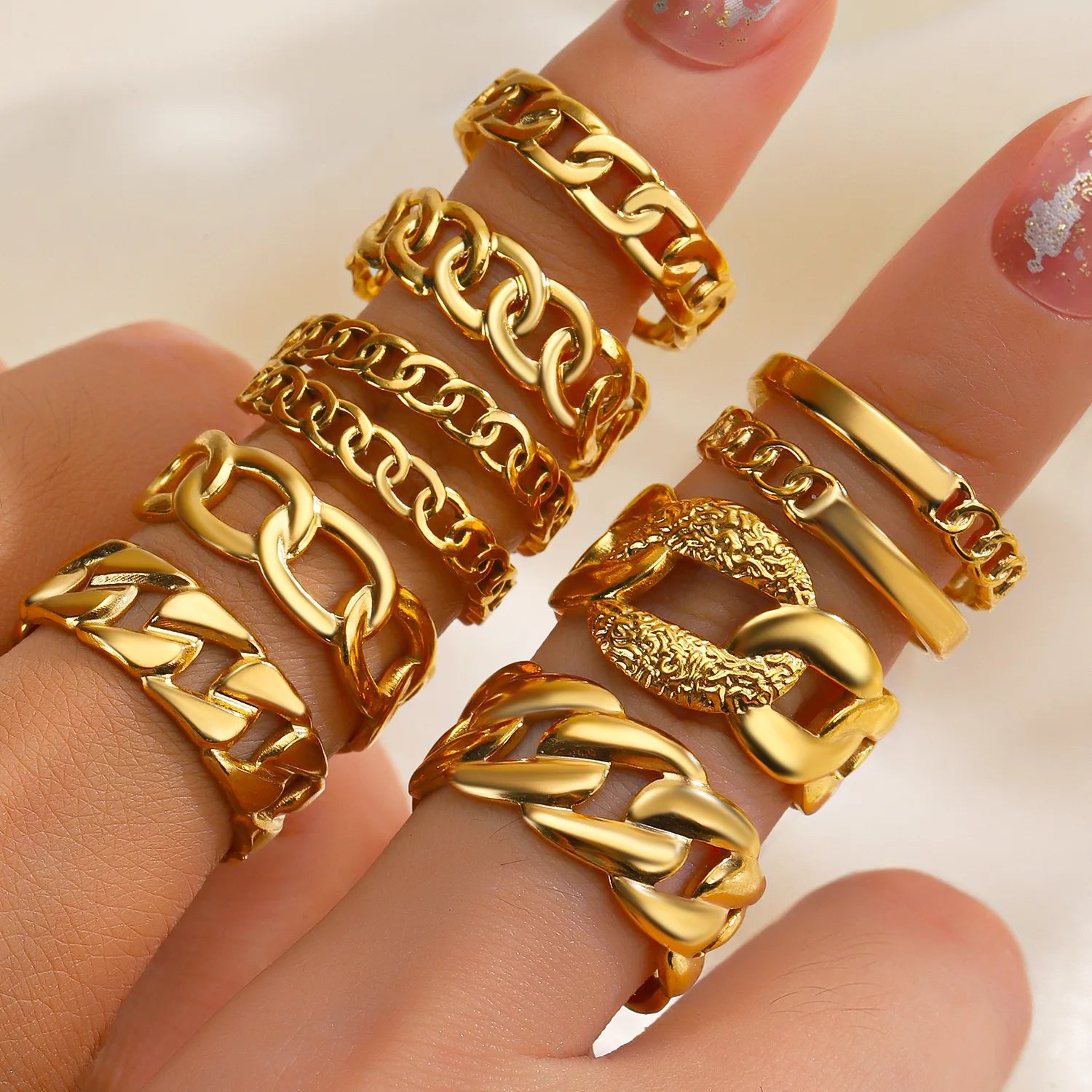 Hip Hop Vintage Dainty 18K Gold Plated Finger Jewelry Women Stainless Steel Chunky Link Chain Heart Rings