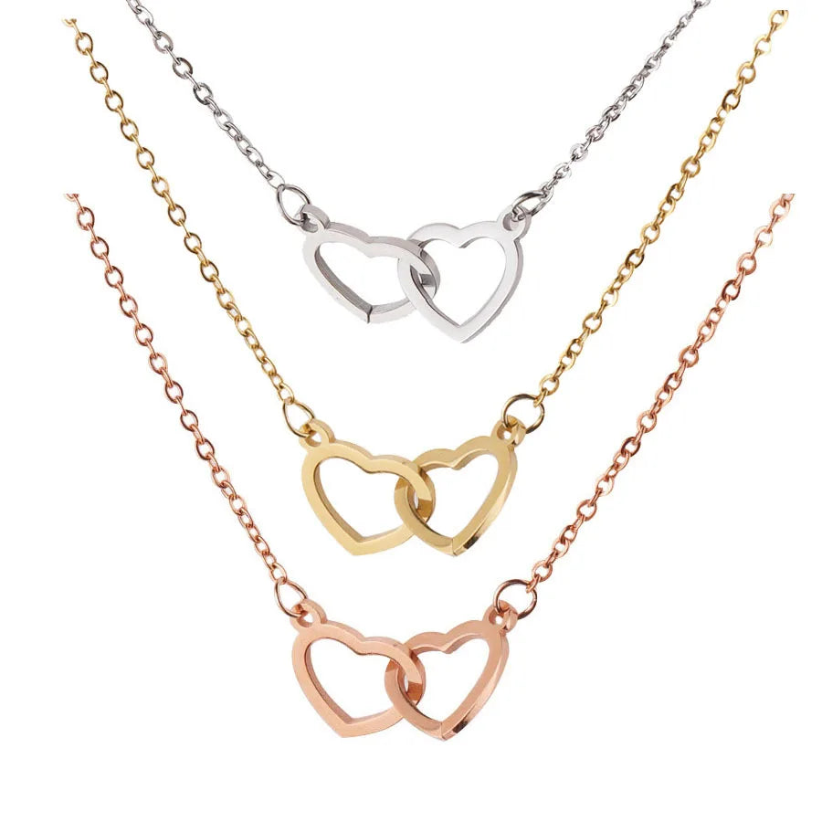 Valentine's Day Stainless Steel Double Love Heart Necklace Gold Silver Rose Gold Interlocked Heart Pendant Necklace for Women