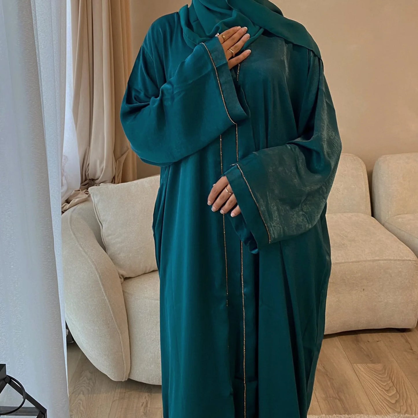 EID Ramadan Open Abaya for Muslim Women High End Satin Beaded Long Sleeve Design 6 Colors Middle East Style