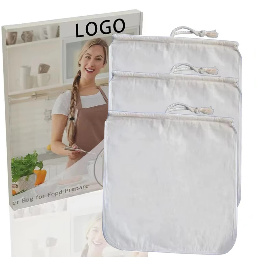 Custom Logo Filter Bag Reusable Almond Milk Strainer Nut Milk Filter All Natural Bag Cotton Cloth Bags Tea Filter Accessories