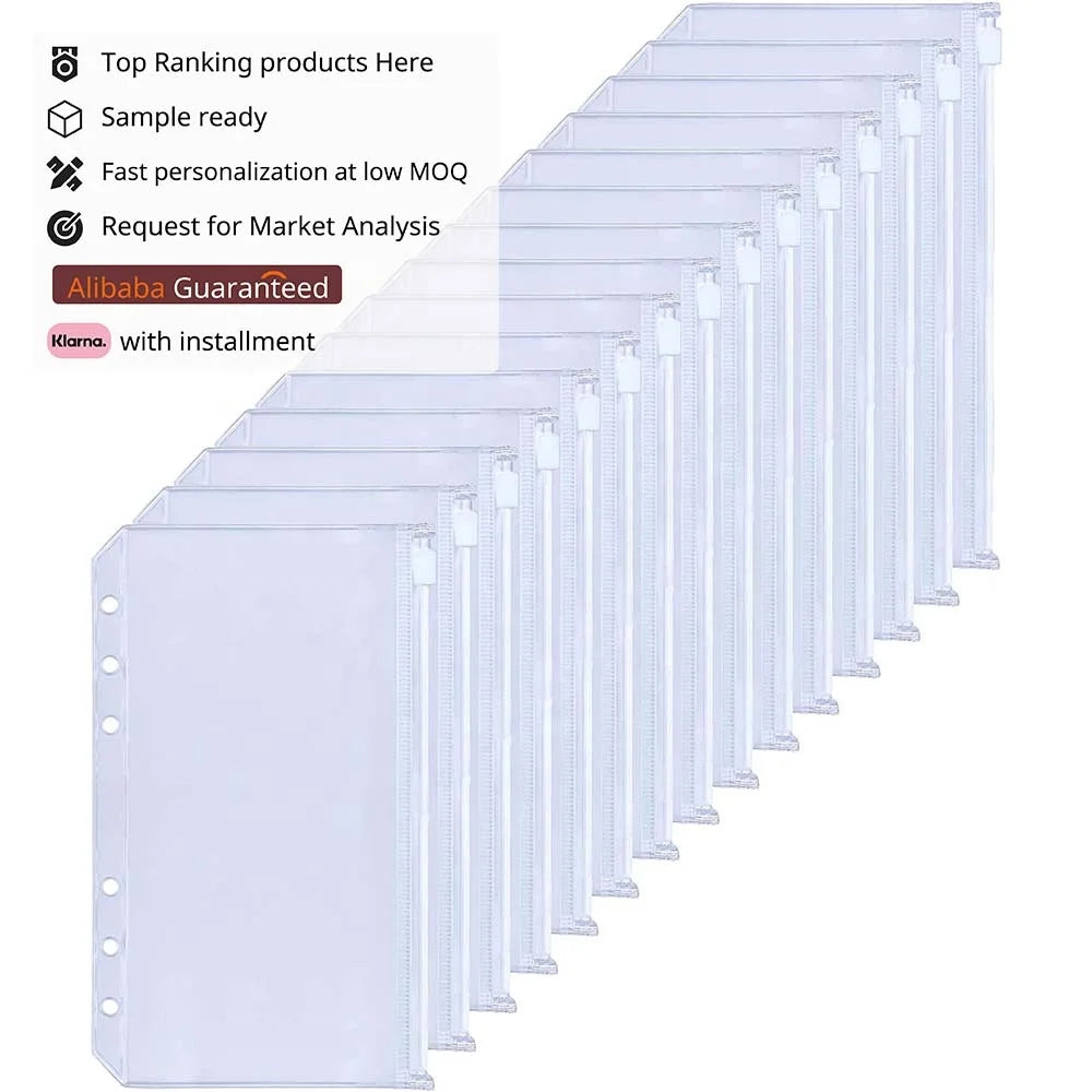 A6 6-Holes Waterproof Clear Zipper PVC Binder Pockets As Binder Envelope Pouches for A6 Notebook Binder