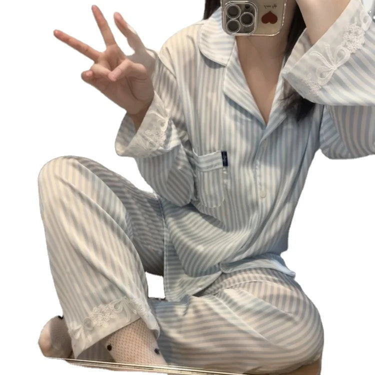 Sweet Design Drop-shipping Ice Silk Satin Long Sleeve Women's Sleepwear Asia Size M to 2XL Pajamas Sets