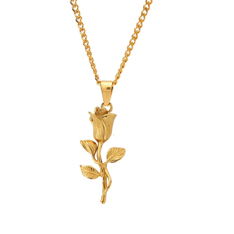Vintage Jewelry Rose Necklace PVD 18k Gold Plated Waterproof Rose Flower Necklaces for Women Men Stainless Steel Compass Char